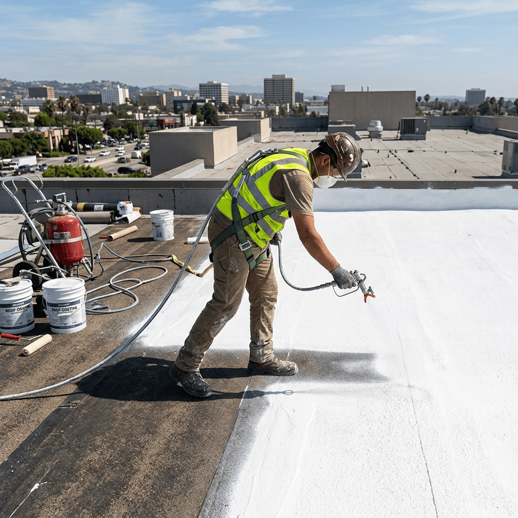Construction worker in safety gear spraying white reflective coating on a flat rooftop.