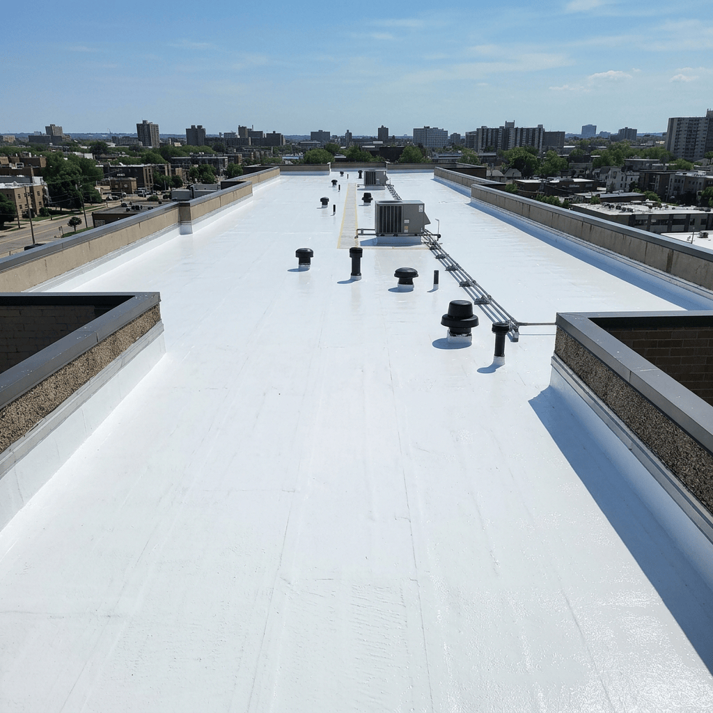 Flat white rooftop with multiple HVAC units and vent pipes overlooking urban buildings