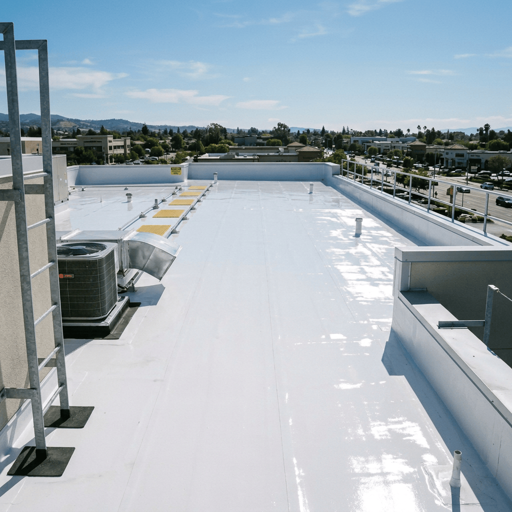 Flat commercial rooftop with HVAC unit, safety railings, and cityscape in background