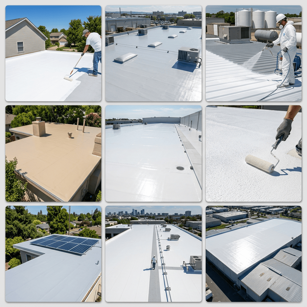People applying protective coatings to flat and metal roofs for waterproofing and energy efficiency