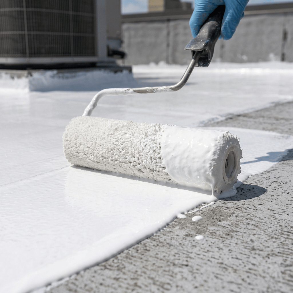 Worker painting rooftop with white reflective coating using a roller