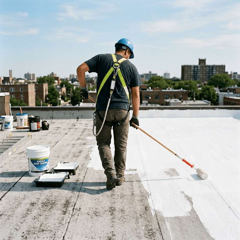 Roofer in safety harness applying white coating to flat roof surface with roller
