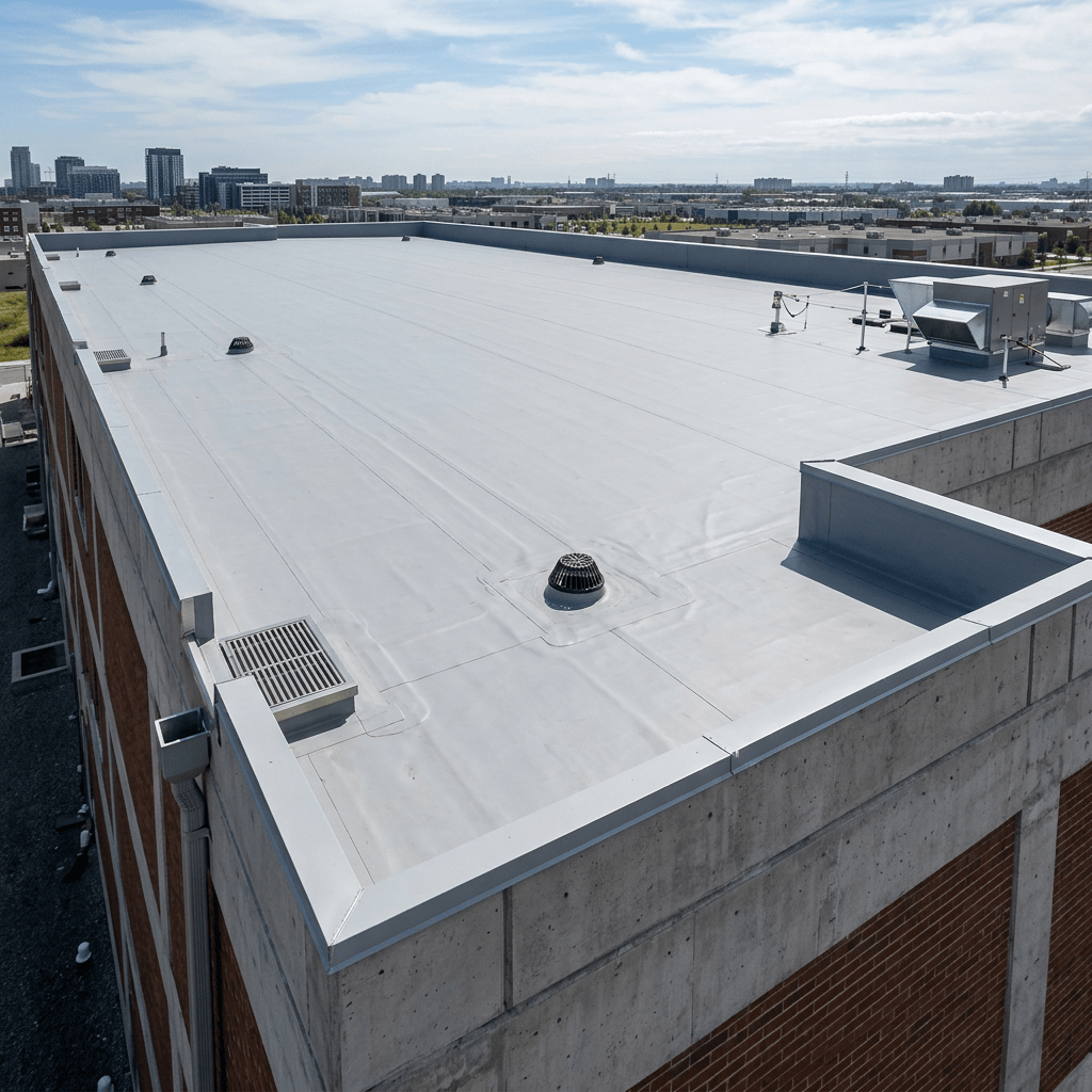 Flat commercial building roof with vents and HVAC equipment under cloudy sky.