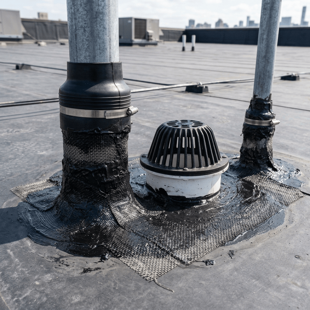 Metal vent pipes and roof drain tightly sealed on a flat roofing membrane
