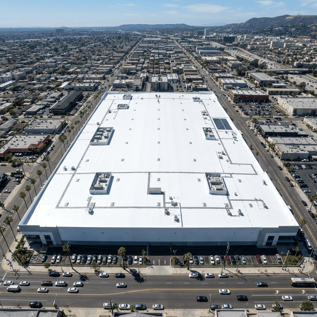 Aerial view of a large warehouse with a white roof surrounded by city streets and buildings