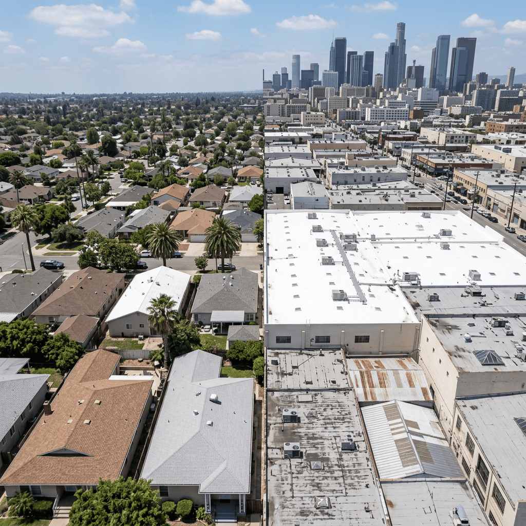 Aerial view showing residential neighborhood with houses and industrial buildings side by side under a blue sky.