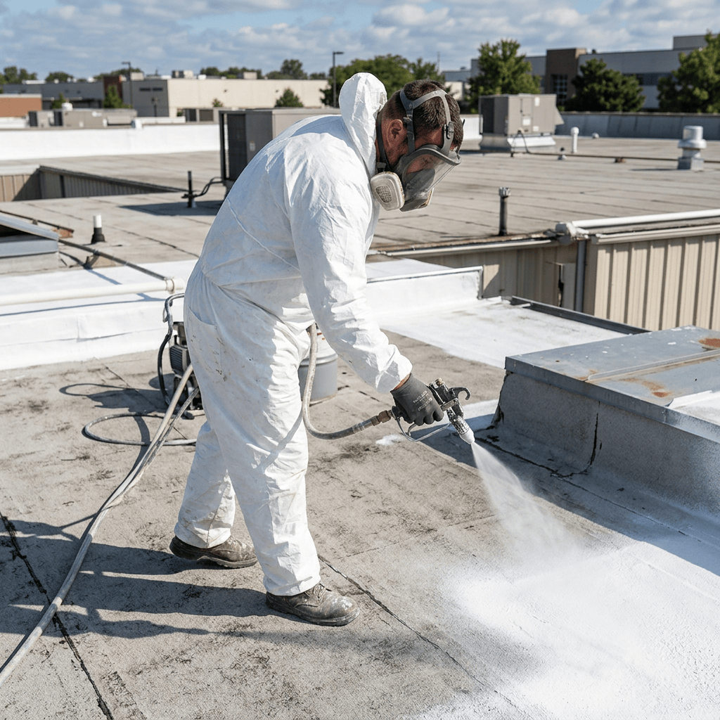 Worker in protective suit and mask spraying white coating on flat roof surface