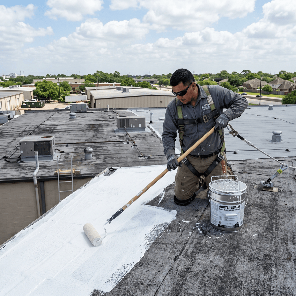Worker in safety harness applying white waterproof sealant on flat rooftop with roller