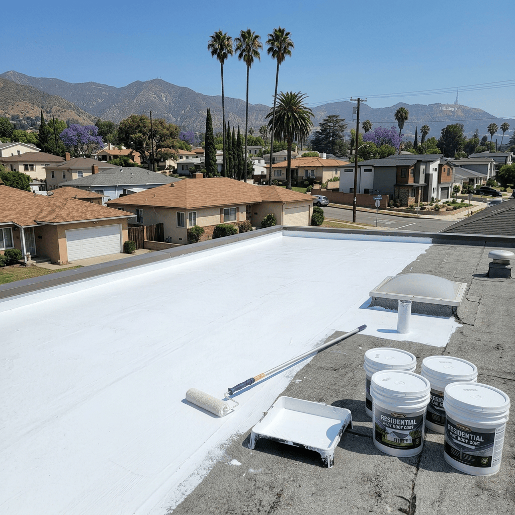 Partially coated flat rooftop showing white reflective coating being applied next to gray roof surface