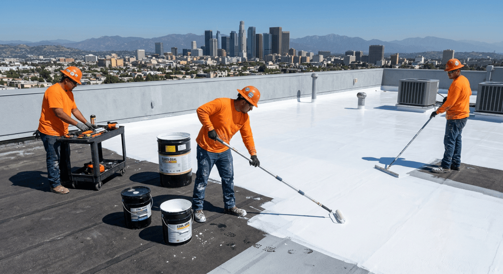 Flat roof coating being applied