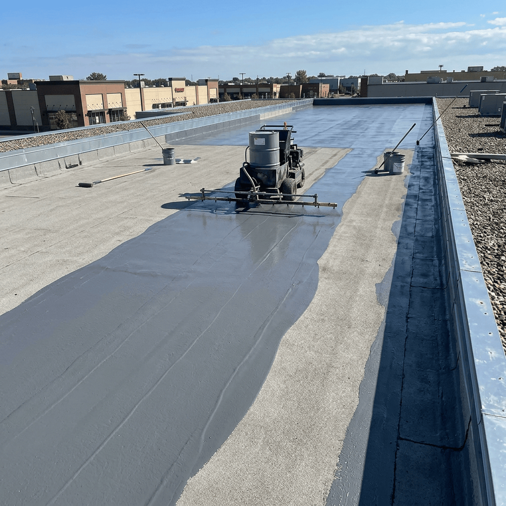 Waterproofing flat roof surface, no workers visible