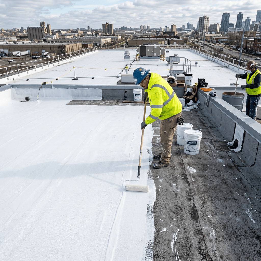 Construction workers in safety gear applying white waterproof coating on rooftop surface