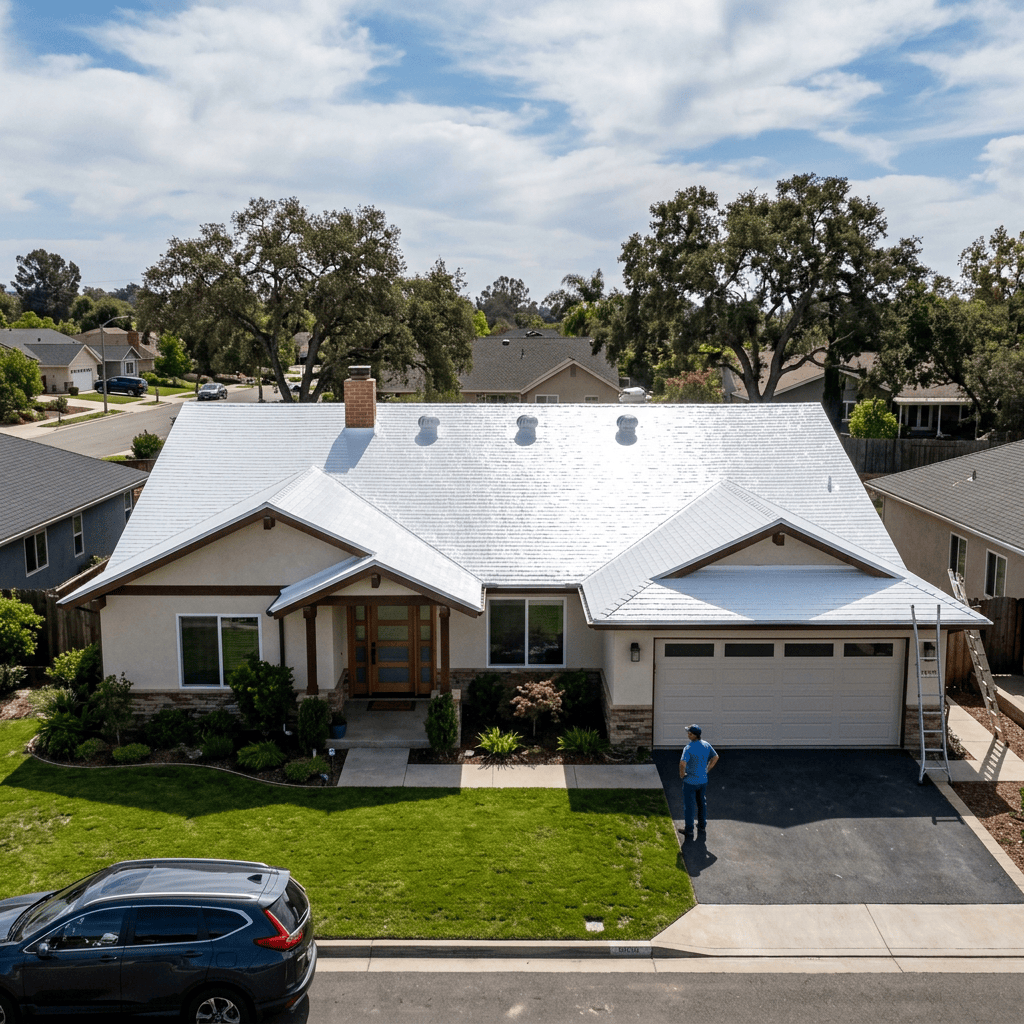 Single-story house with white reflective roof coating and driveway