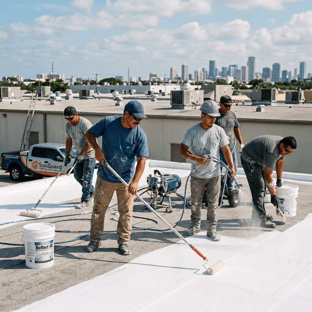 Five workers painting a rooftop with white reflective coating using rollers and spray equipment.