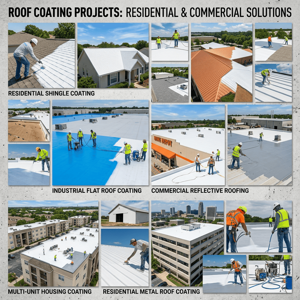 Multiple images of workers applying coatings on residential shingles, industrial flat roofs, commercial reflective roofs, multi-unit housing roofs, and residential metal roofs.
