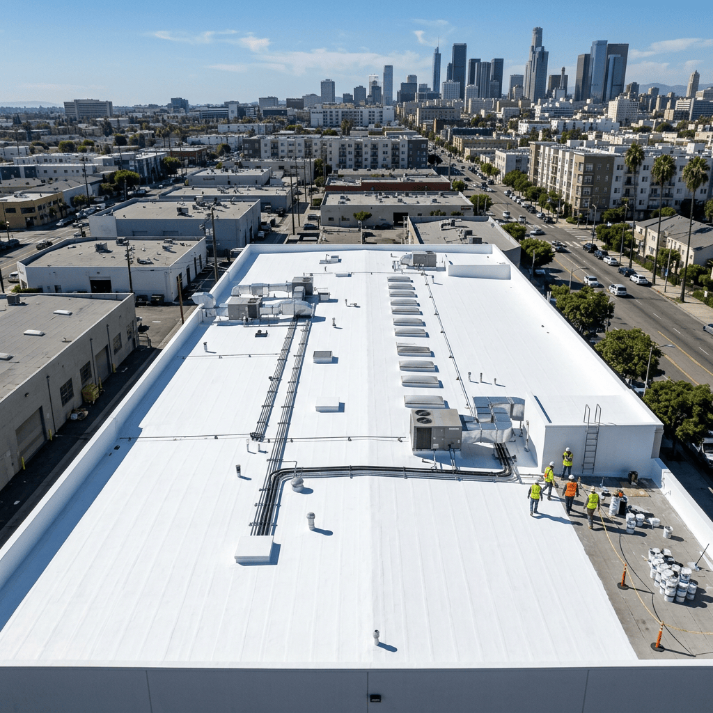 Workers applying white reflective coating on a large flat commercial roof with city skyline in background